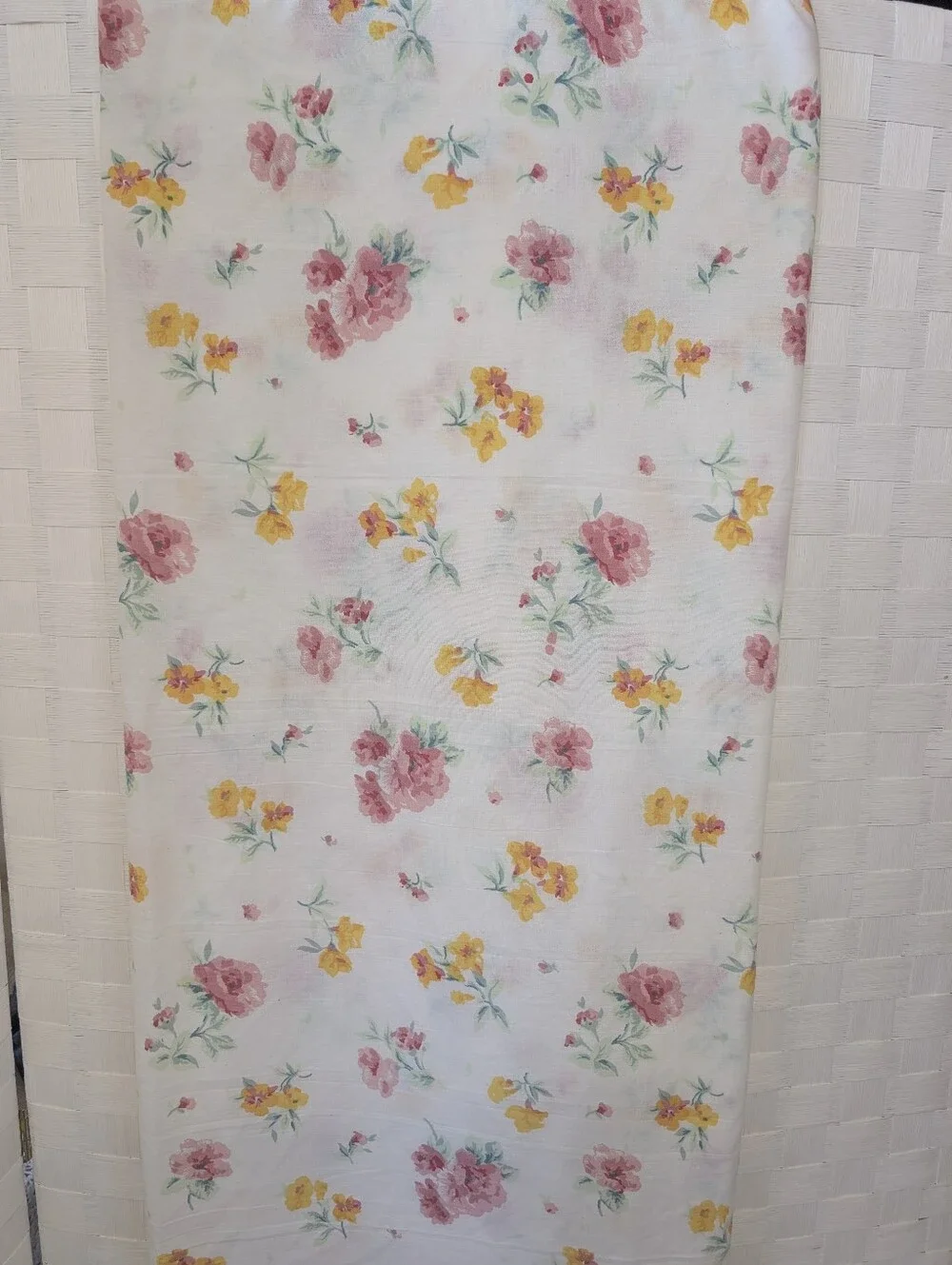 Vintage Sheet Yellow Pink Roses Floral Cotton Fabric Panel Cotton 1970